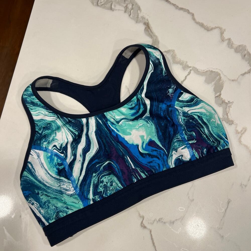 Patagonia Marble Swirl Sports Bra in Teal, Navy & White